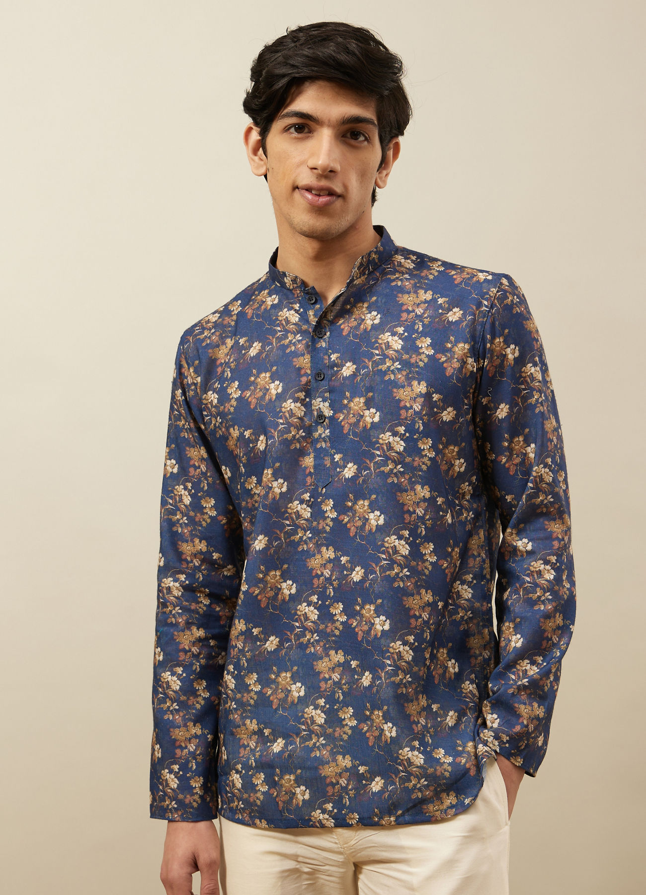 Manyavar Men Twilight Blue Floral Patterned Short Kurta