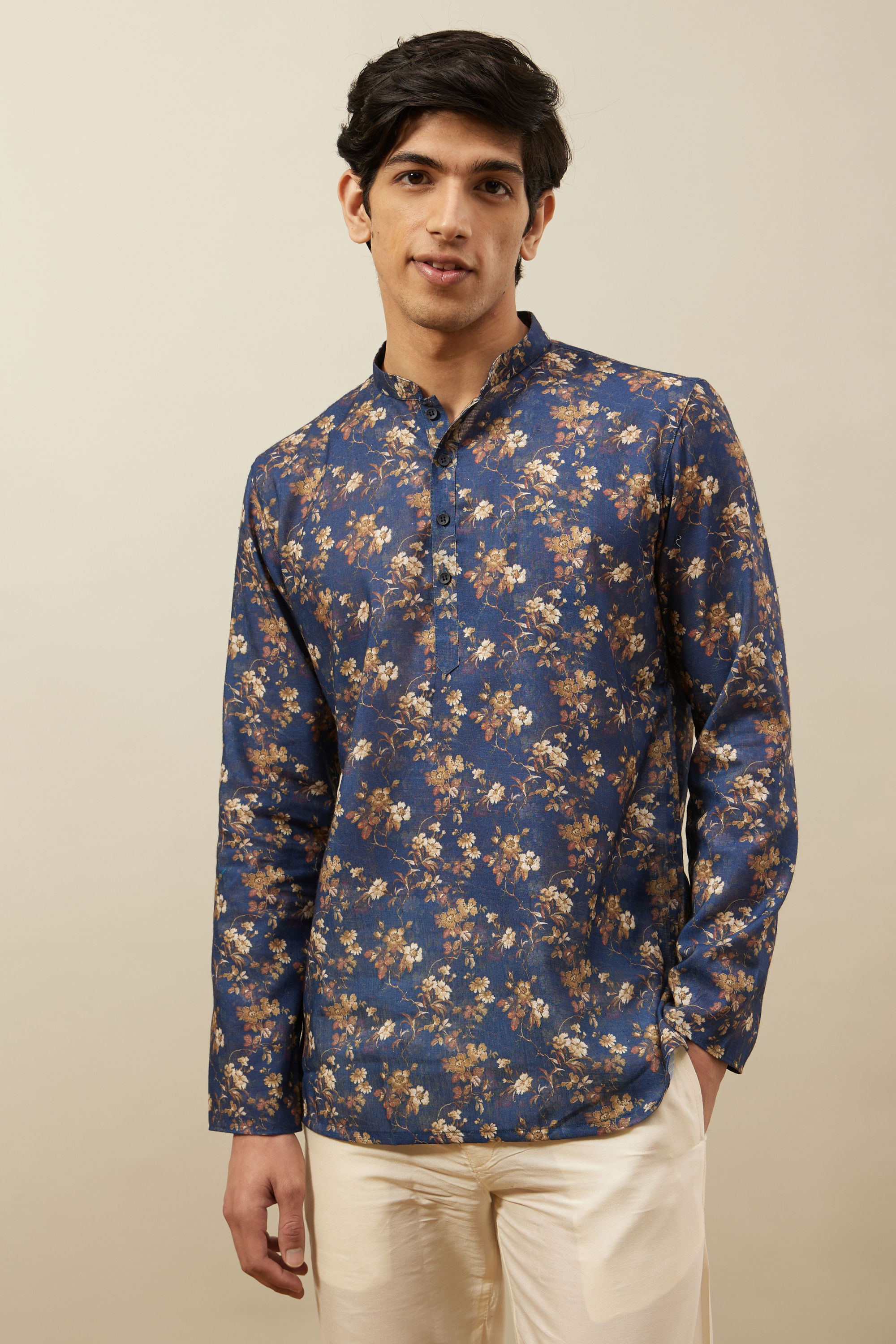 Manyavar Men Twilight Blue Floral Patterned Short Kurta