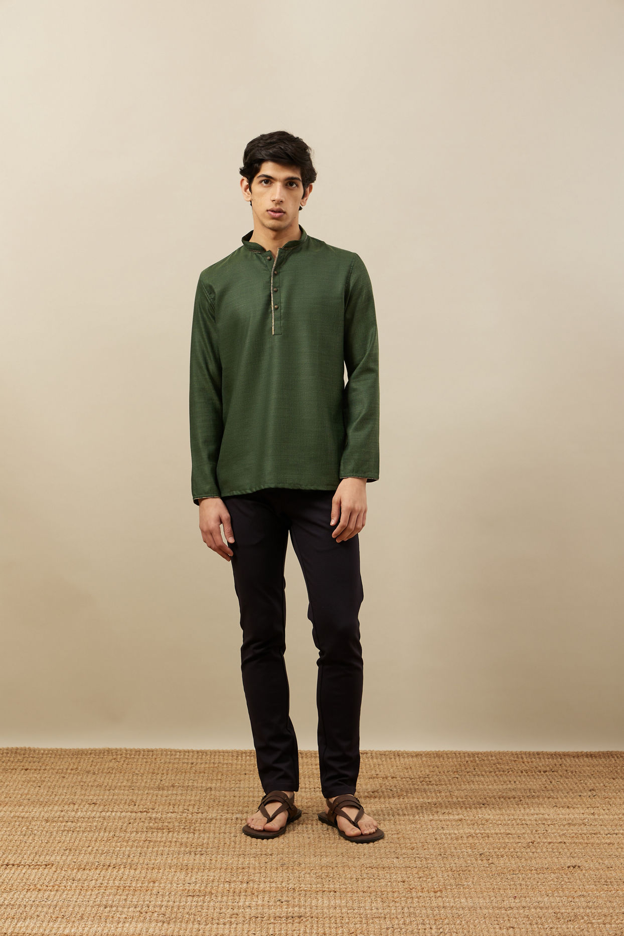 Manyavar Men Hunter Green Embroidered Neckline Short Kurta