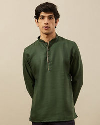 Manyavar Men Hunter Green Embroidered Neckline Short Kurta