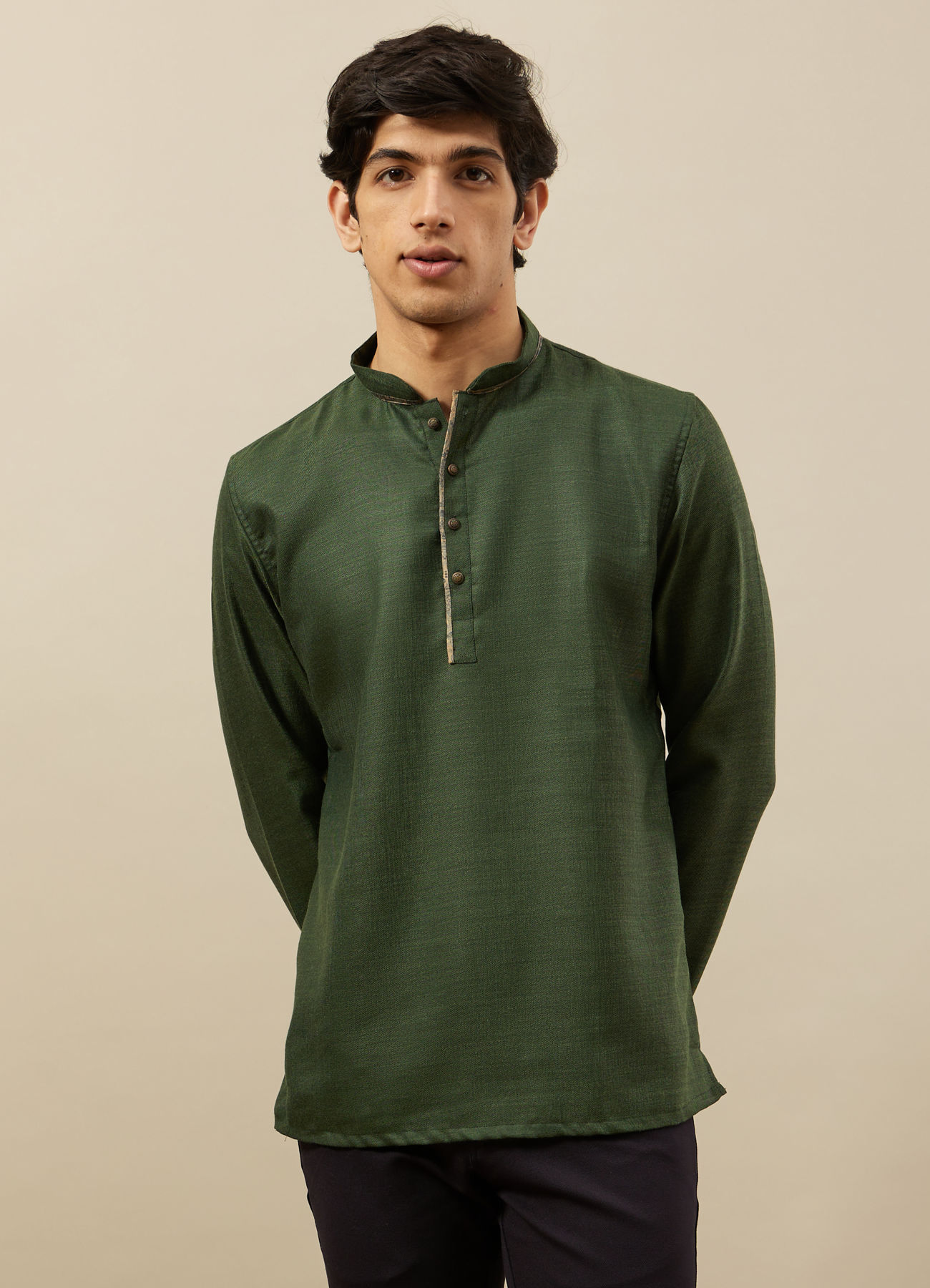 Manyavar Men Hunter Green Embroidered Neckline Short Kurta