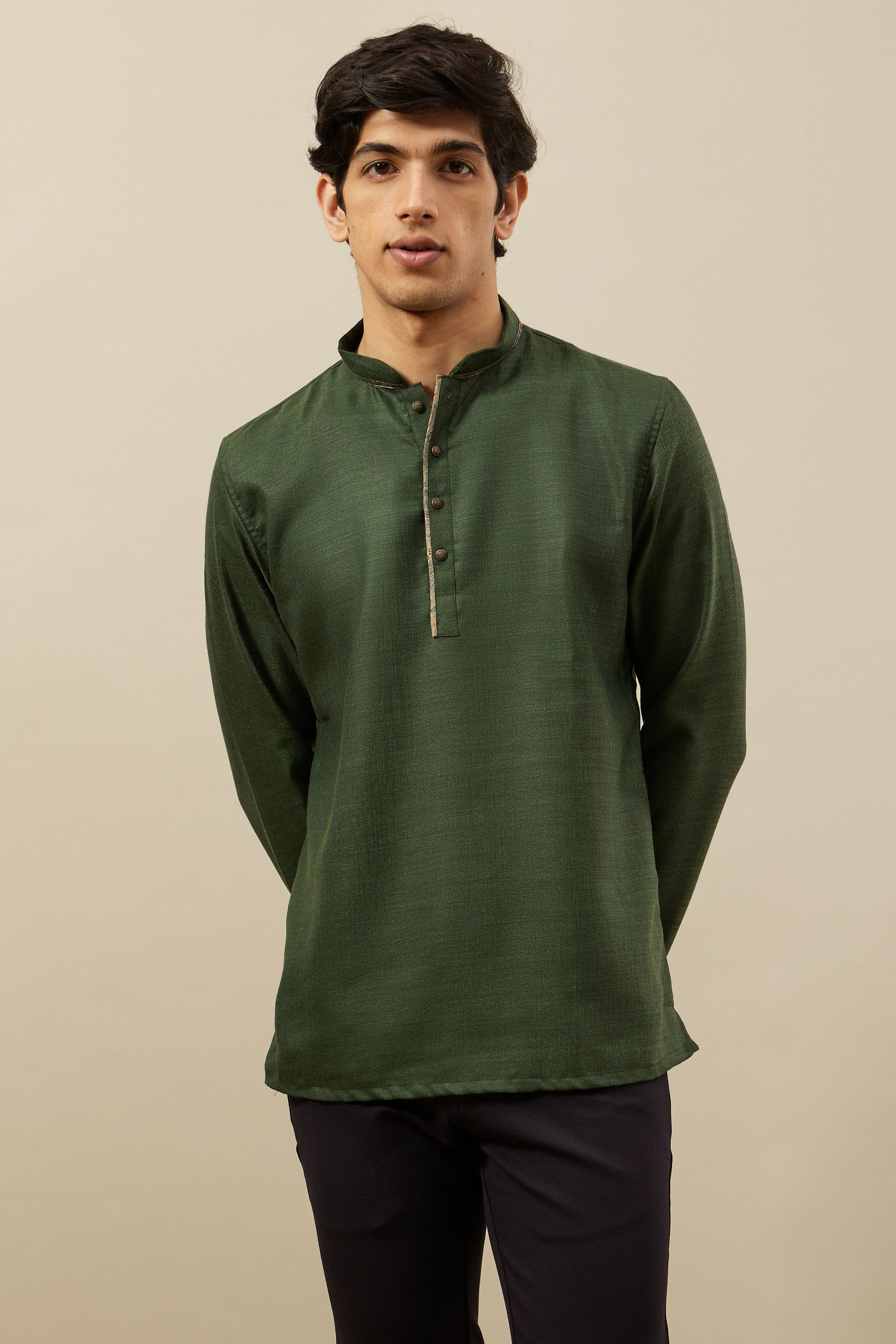 Manyavar Men Hunter Green Embroidered Neckline Short Kurta