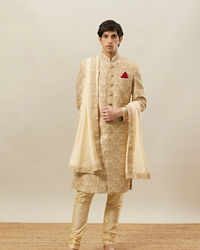 Twamev Men Fawn Silk Zari Hand Embroidered Sherwani
