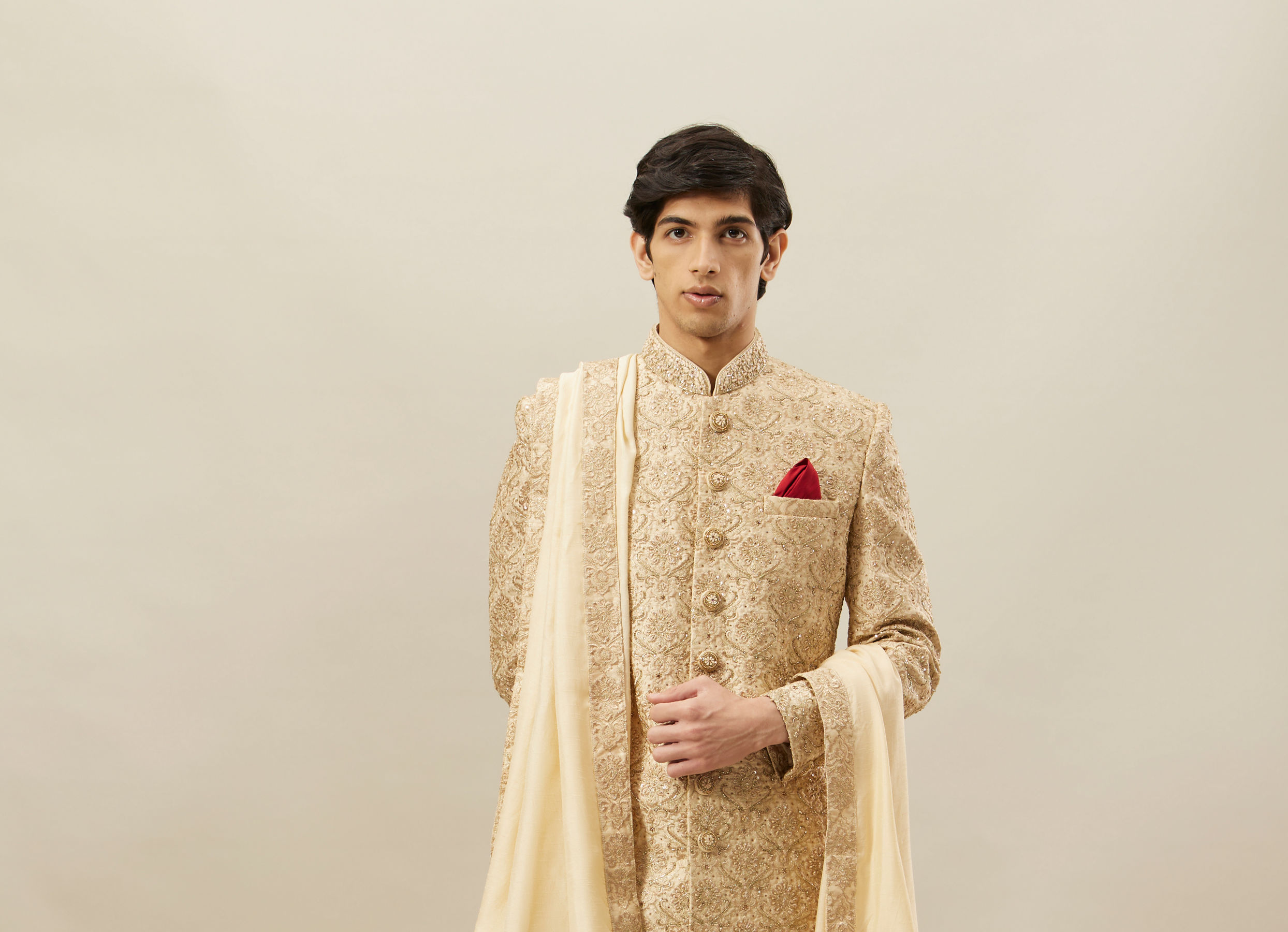 Twamev Men Fawn Silk Zari Hand Embroidered Sherwani