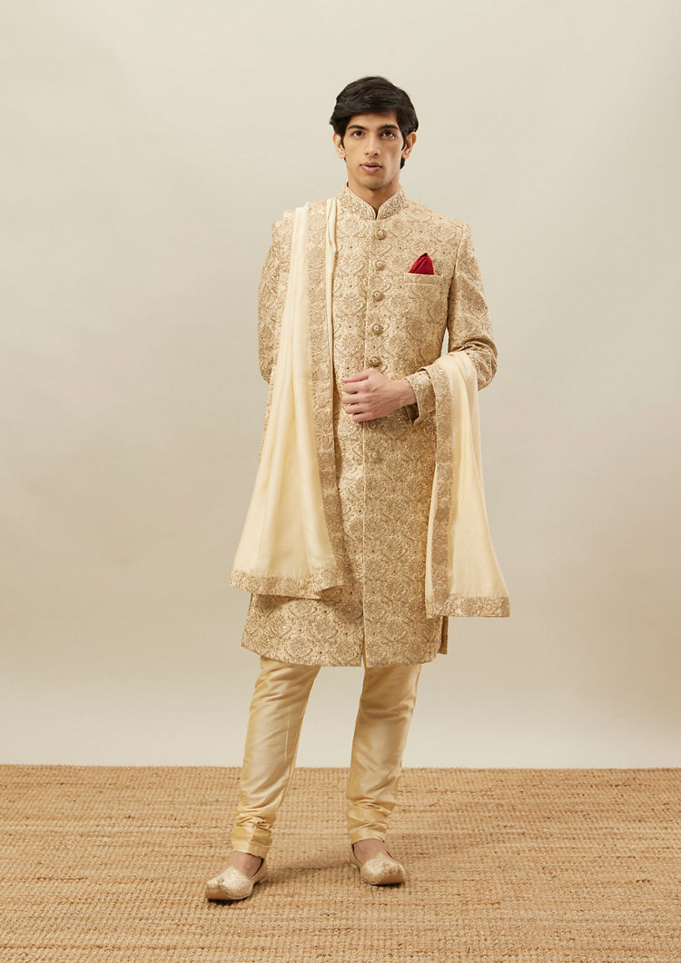 Twamev Men Fawn Heavy Embroidery Sherwani Set