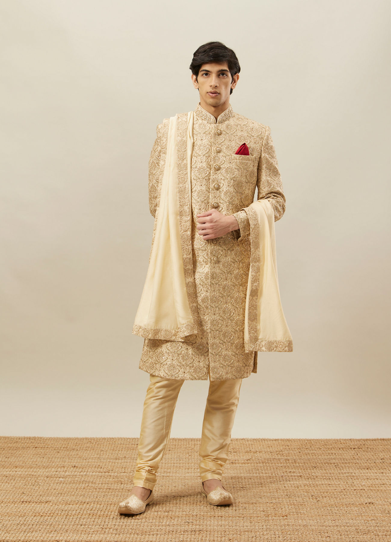Twamev Men Fawn Silk Zari Hand Embroidered Sherwani