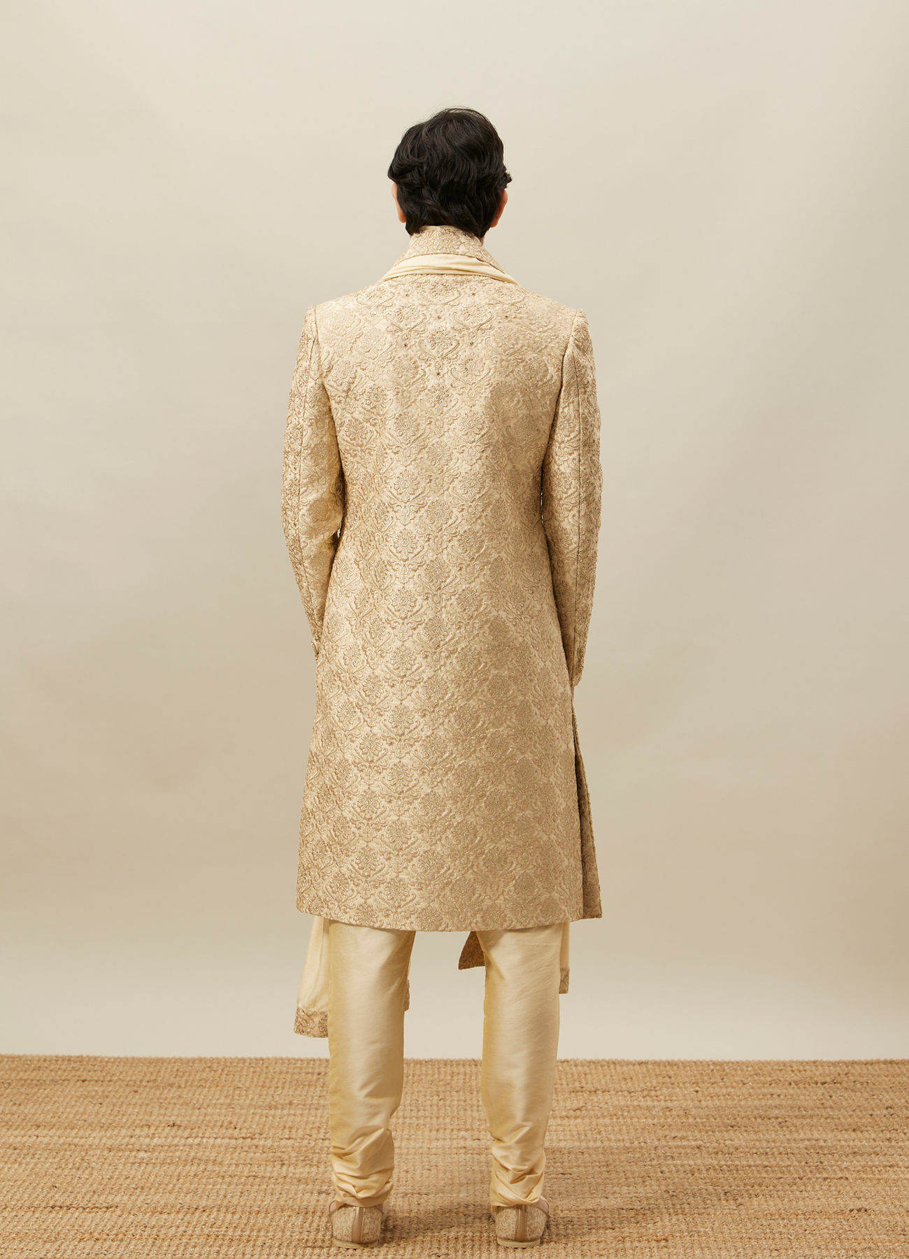 Twamev Men Fawn Silk Zari Hand Embroidered Sherwani