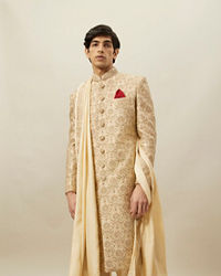 Twamev Men Fawn Silk Zari Hand Embroidered Sherwani