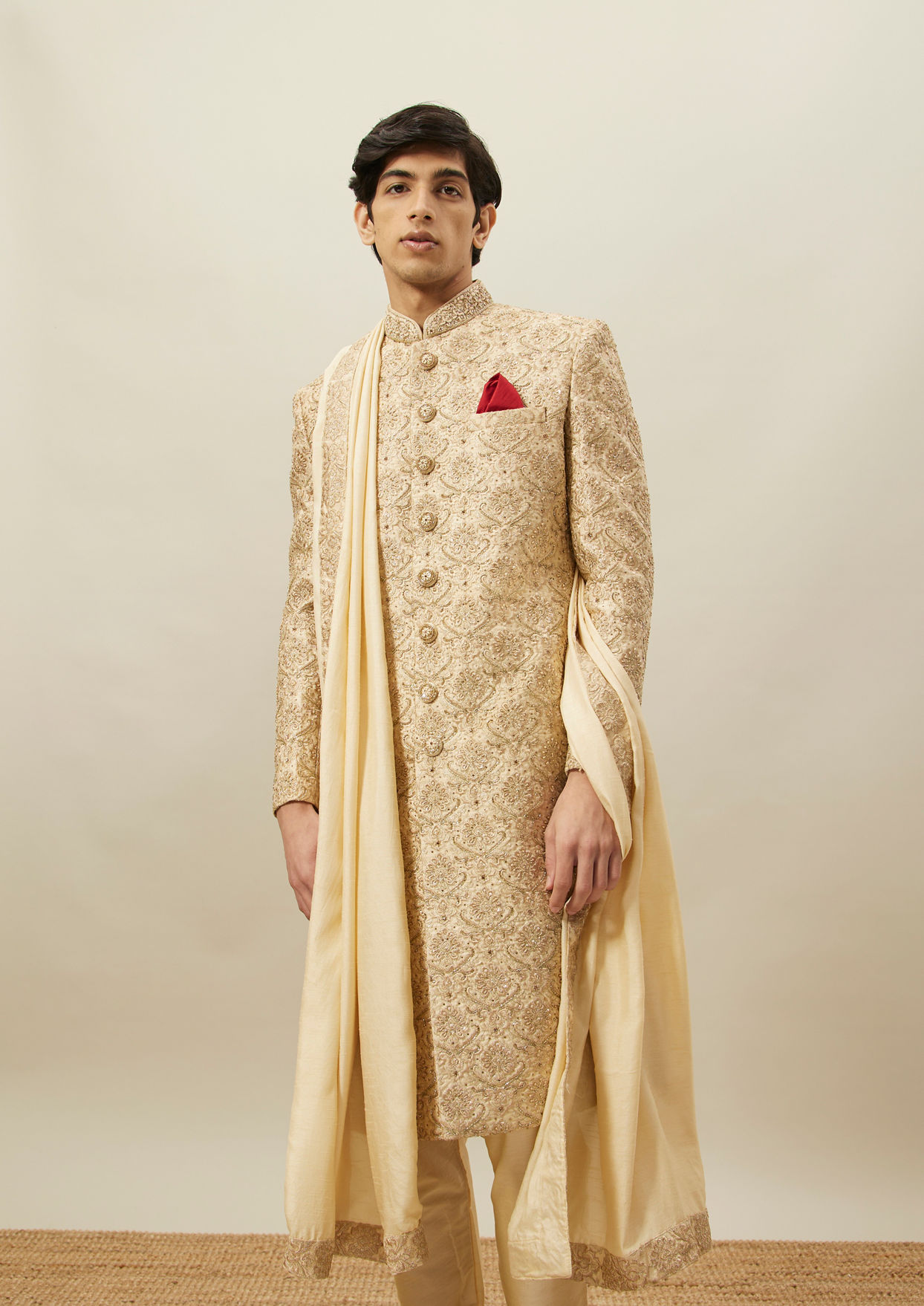 alt message - Twamev Men Fawn Heavy Embroidery Sherwani Set image number 0