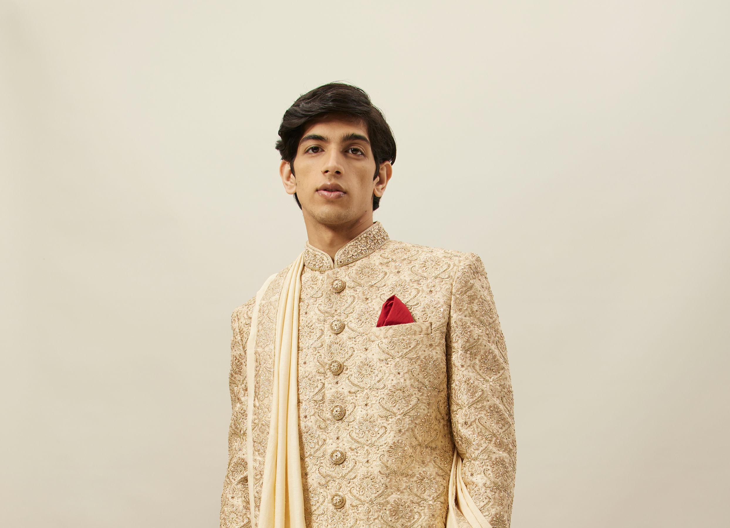 Twamev Men Fawn Silk Zari Hand Embroidered Sherwani