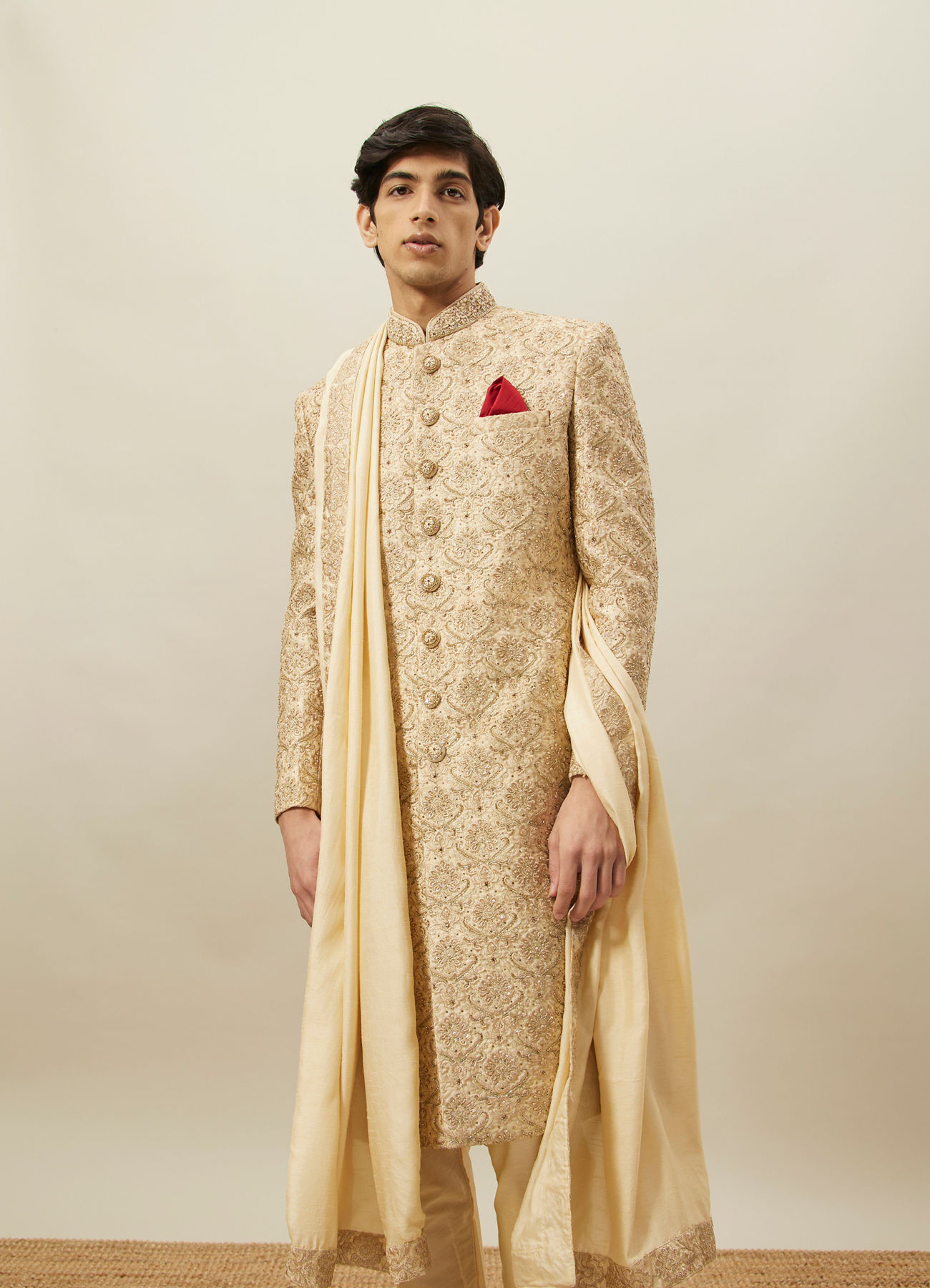 Twamev Men Fawn Silk Zari Hand Embroidered Sherwani