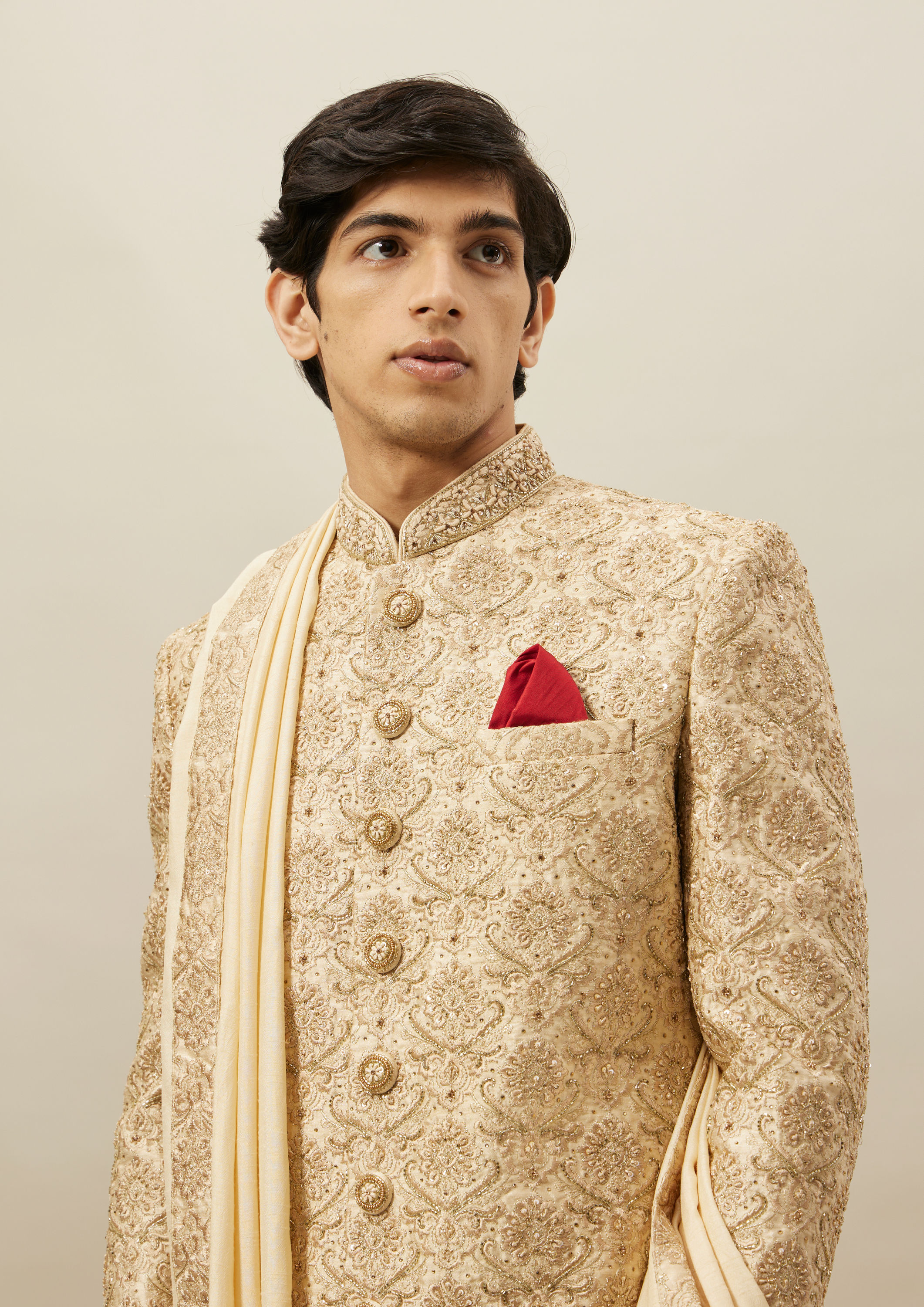 Twamev Men Fawn Heavy Embroidery Sherwani Set