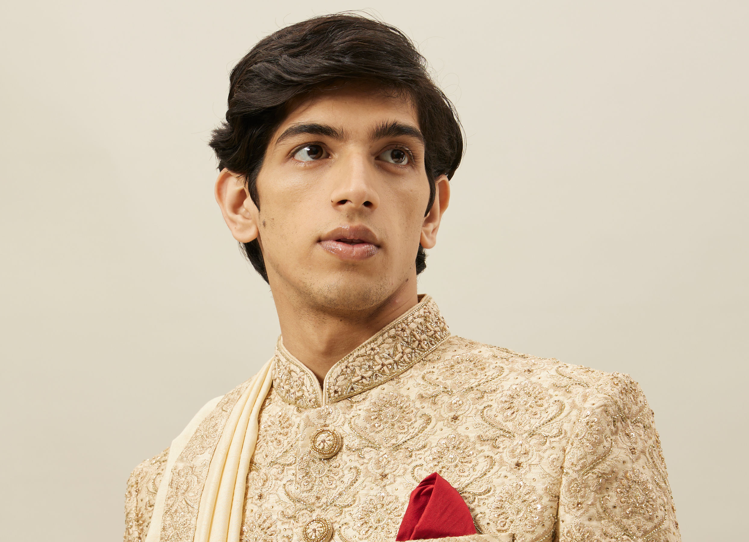 Twamev Men Fawn Silk Zari Hand Embroidered Sherwani
