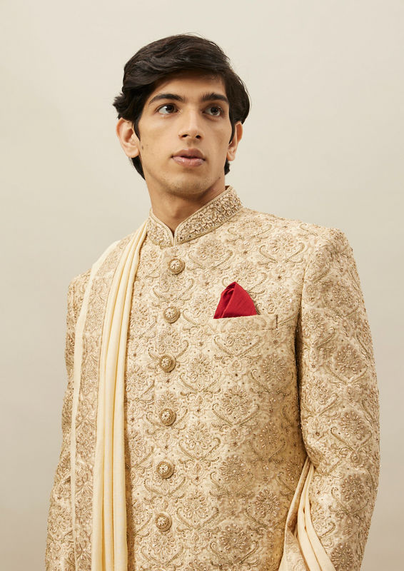 alt message - Twamev Men Fawn Heavy Embroidery Sherwani Set image number 1