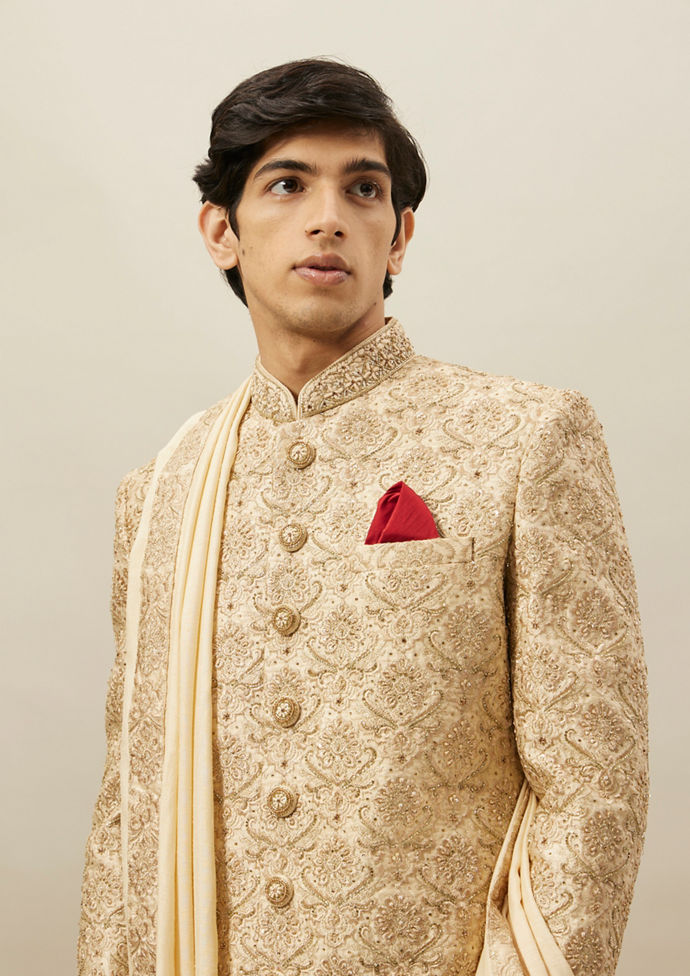 Twamev Men Fawn Heavy Embroidery Sherwani Set