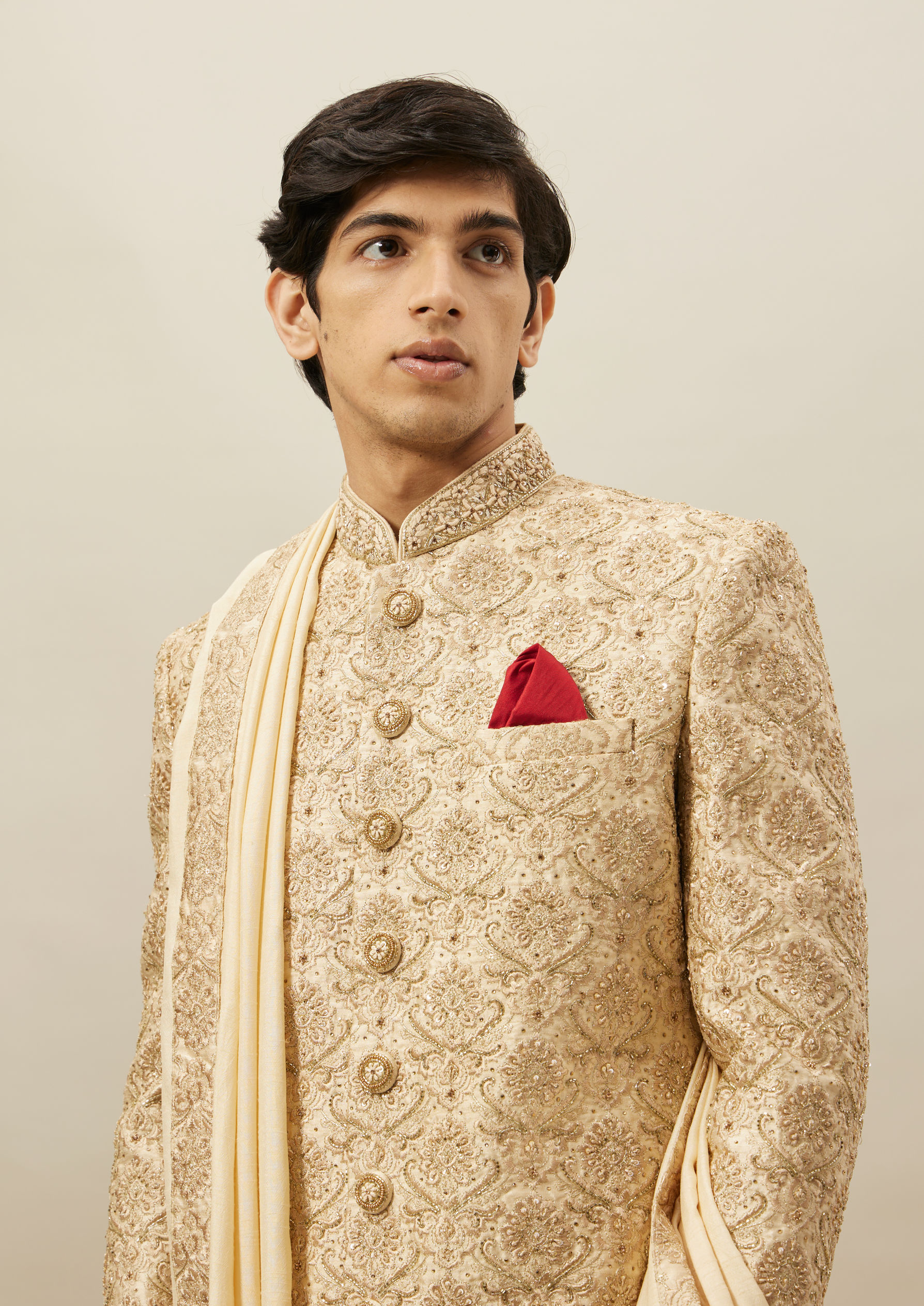 alt message - Twamev Men Fawn Heavy Embroidery Sherwani Set image number 1