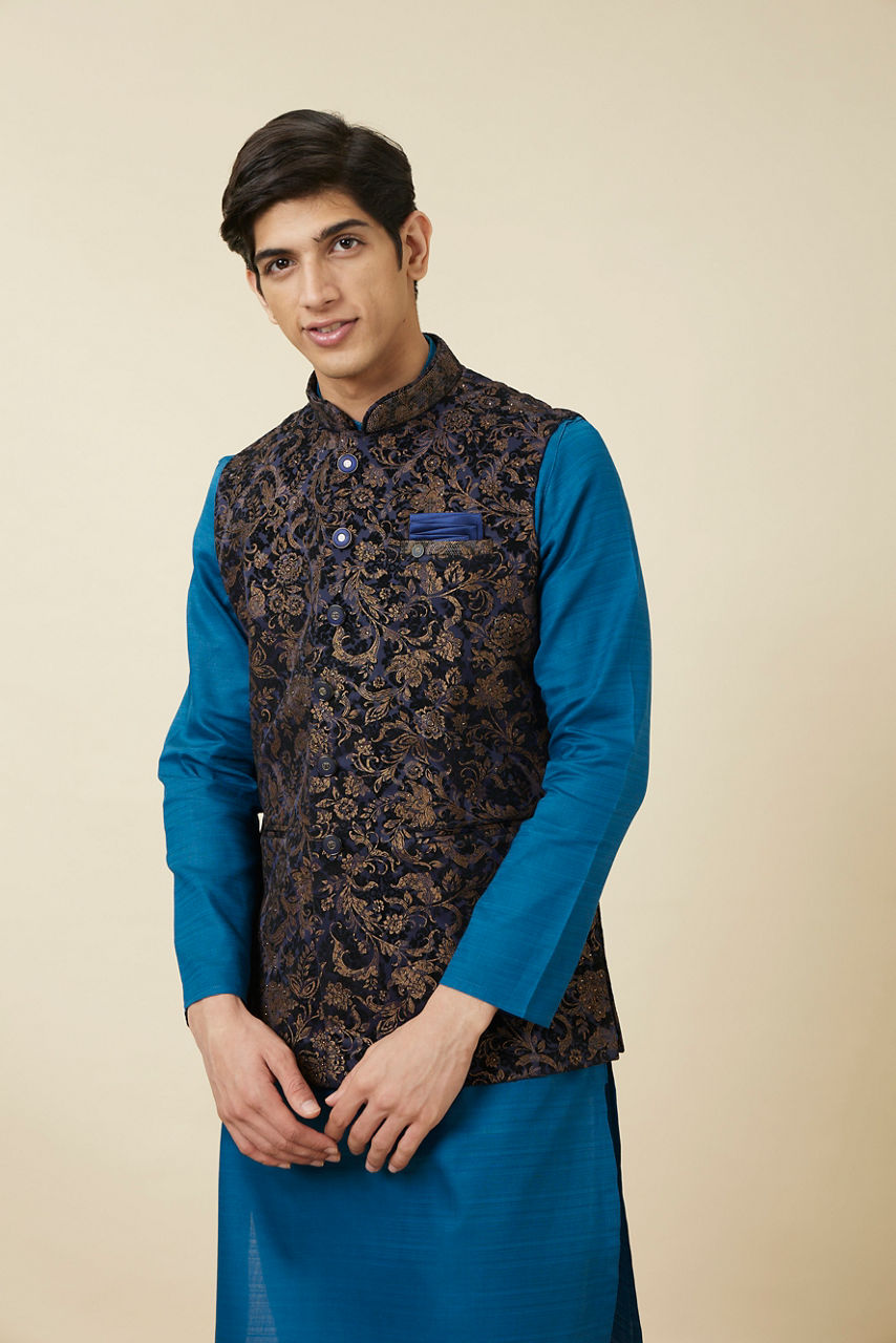 Manyavar Men Navy Blue Bel Buti Patterned Waistcoat