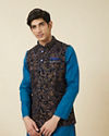 alt message - Manyavar Men Navy Blue Bel Buti Patterned Waistcoat image number 0