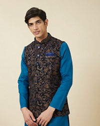 Manyavar Men Navy Blue Bel Buti Patterned Waistcoat