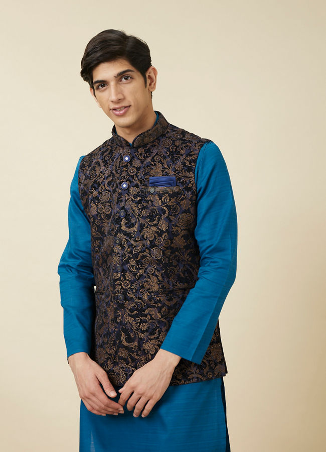 alt message - Manyavar Men Navy Blue Bel Buti Patterned Waistcoat image number 0