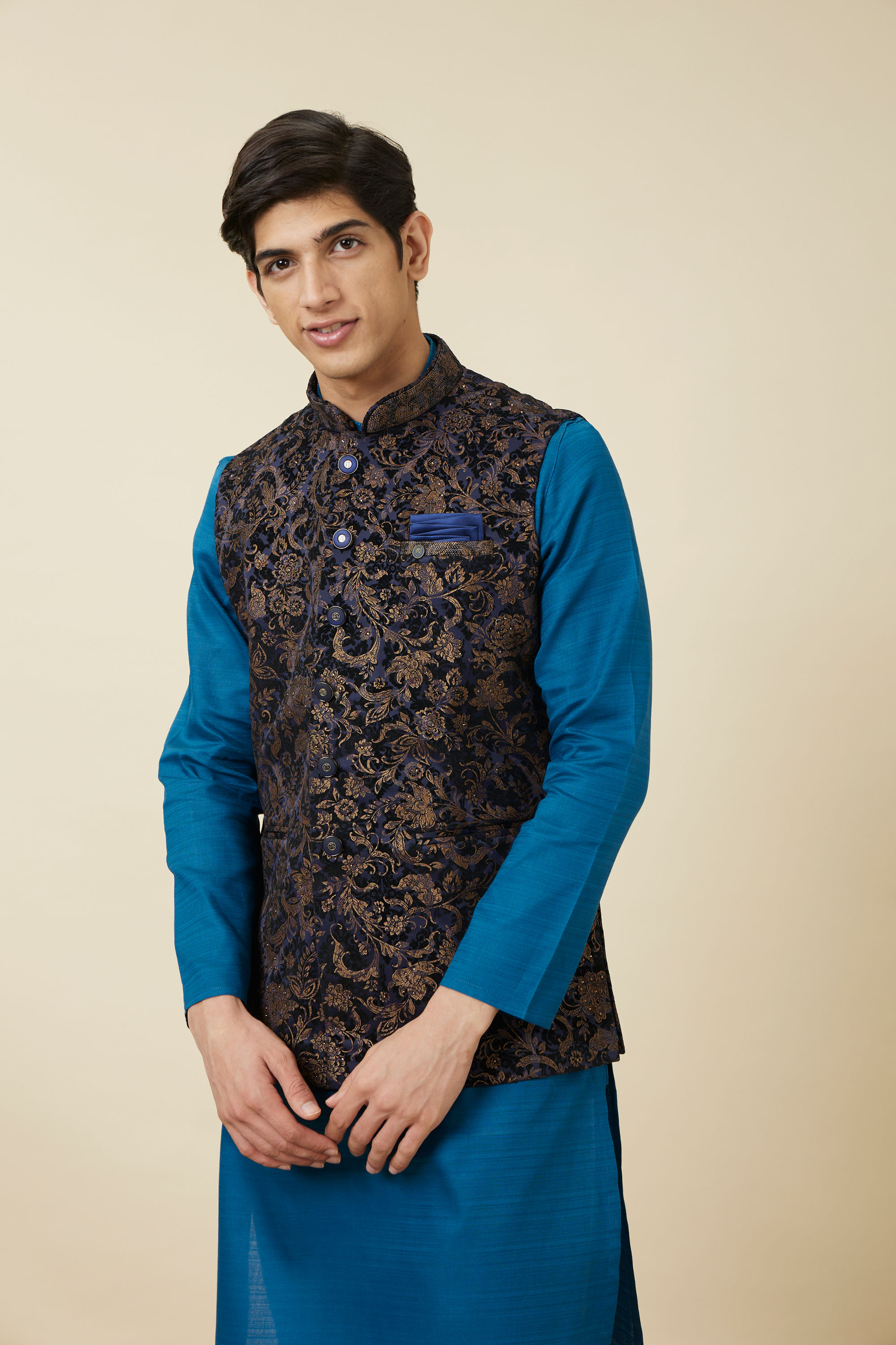 Manyavar Men Navy Blue Bel Buti Patterned Waistcoat