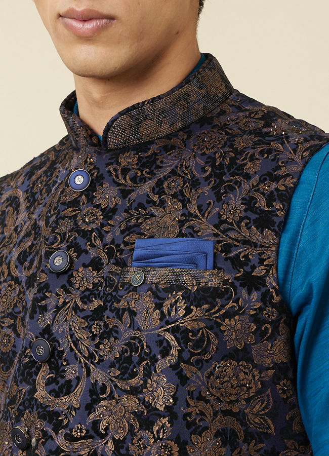 Royal Blue Stone Embellished Floral Jacket image number 1