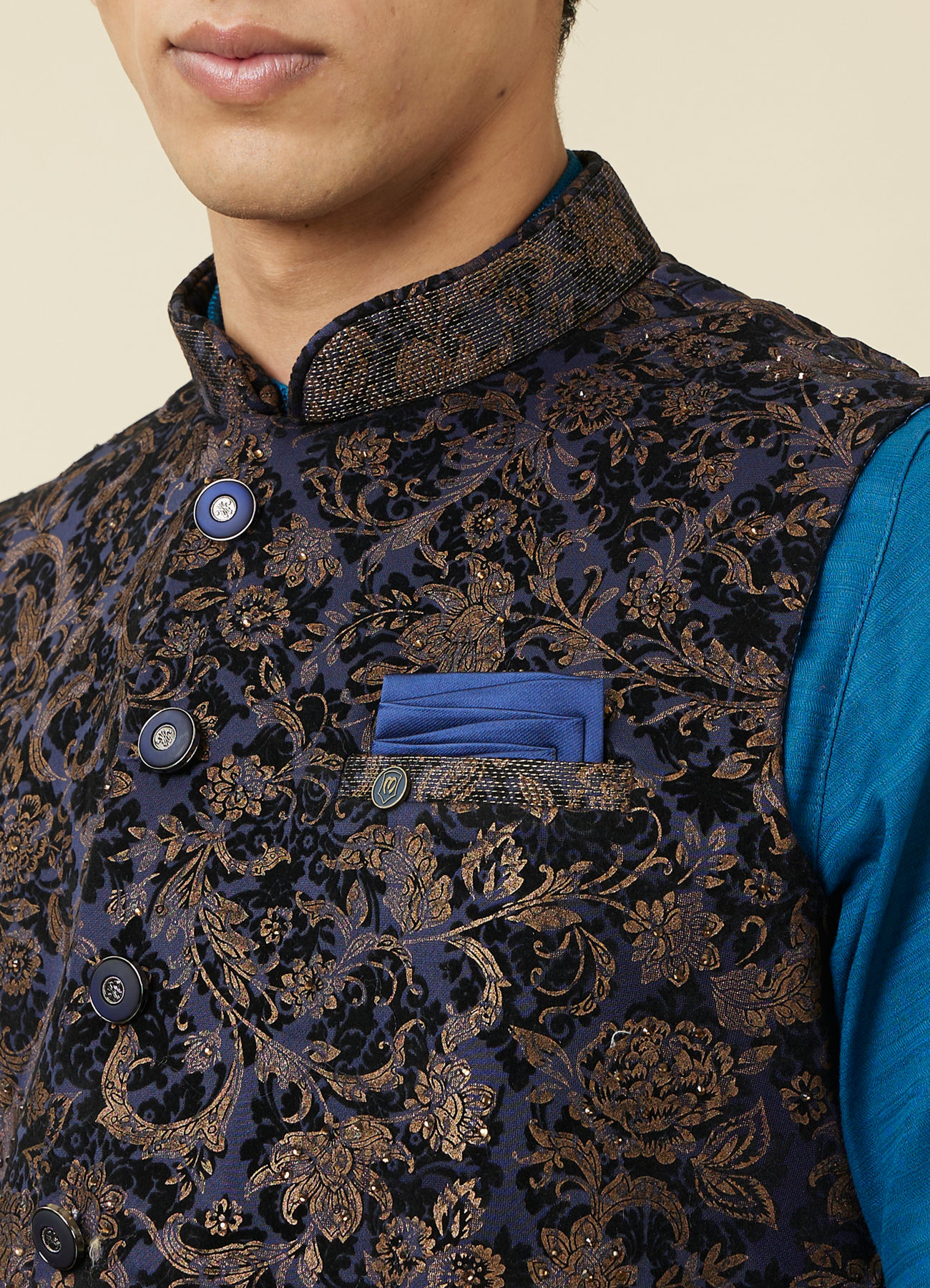 Manyavar Men Navy Blue Bel Buti Patterned Waistcoat