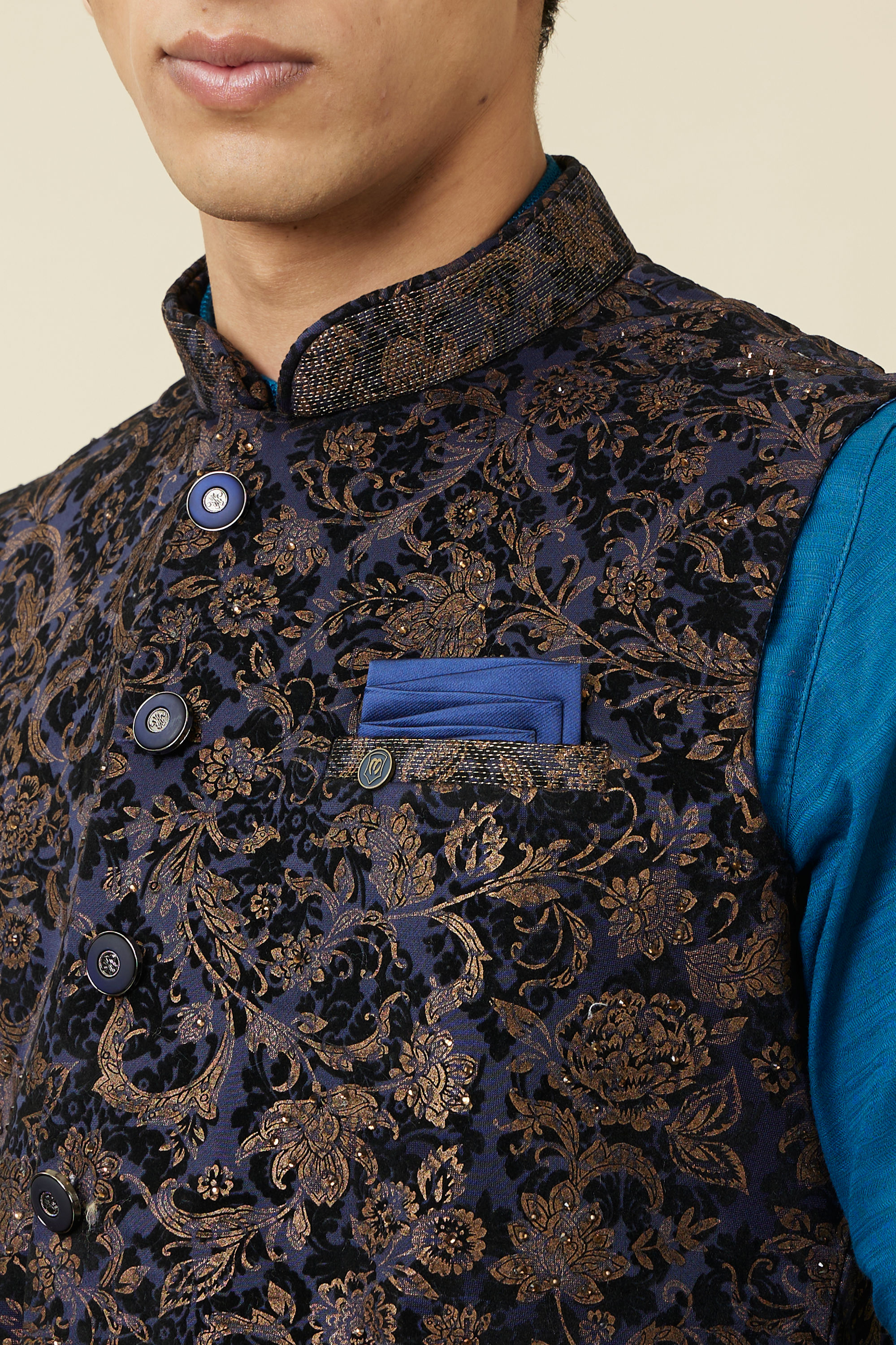 Manyavar Men Navy Blue Bel Buti Patterned Waistcoat