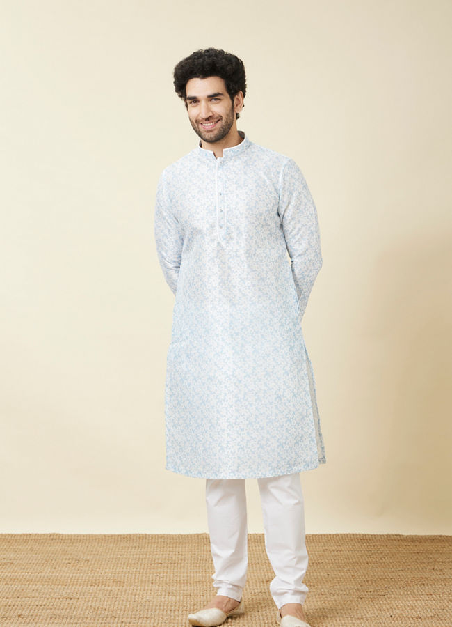 Manyavar Men Delicate Blue FLoral Printed Kurta Set image number 2