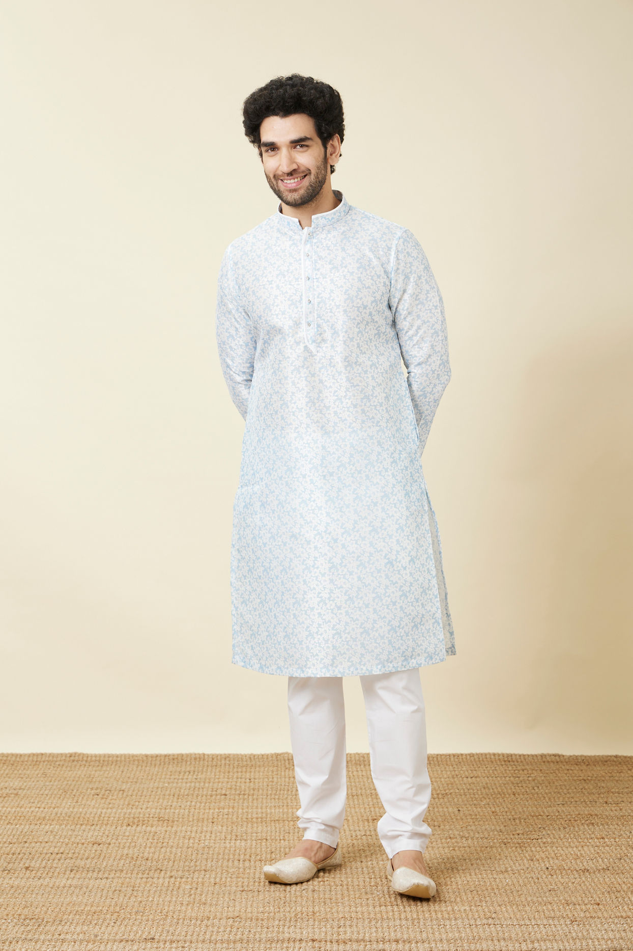 Manyavar Men Delicate Blue FLoral Printed Kurta Set