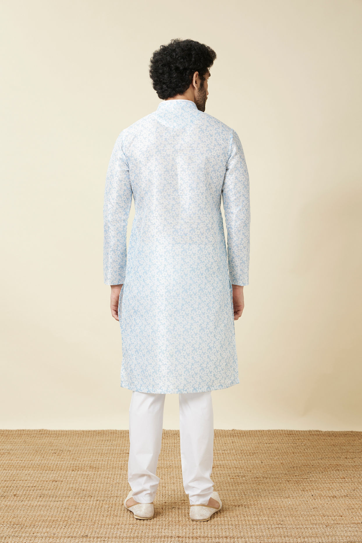 Manyavar Men Delicate Blue FLoral Printed Kurta Set image number 5