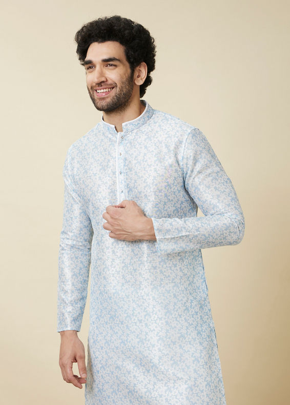 Manyavar Men Delicate Blue FLoral Printed Kurta Set