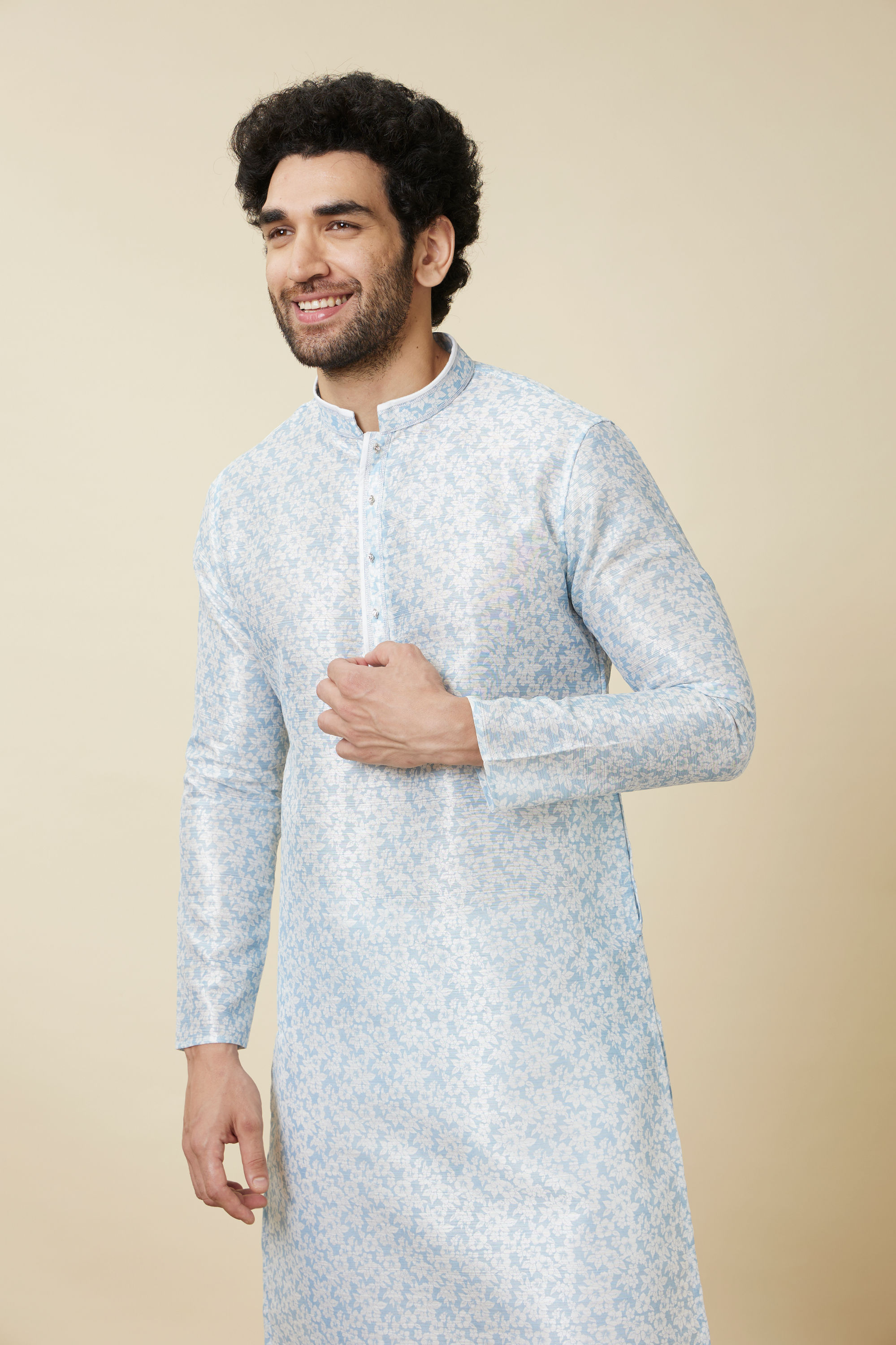 Manyavar Men Delicate Blue FLoral Printed Kurta Set
