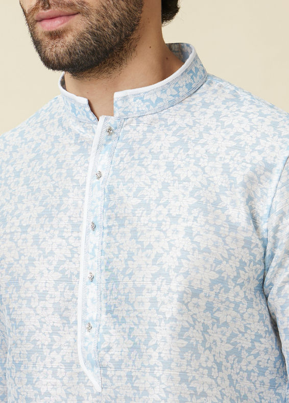 Manyavar Men Delicate Blue FLoral Printed Kurta Set