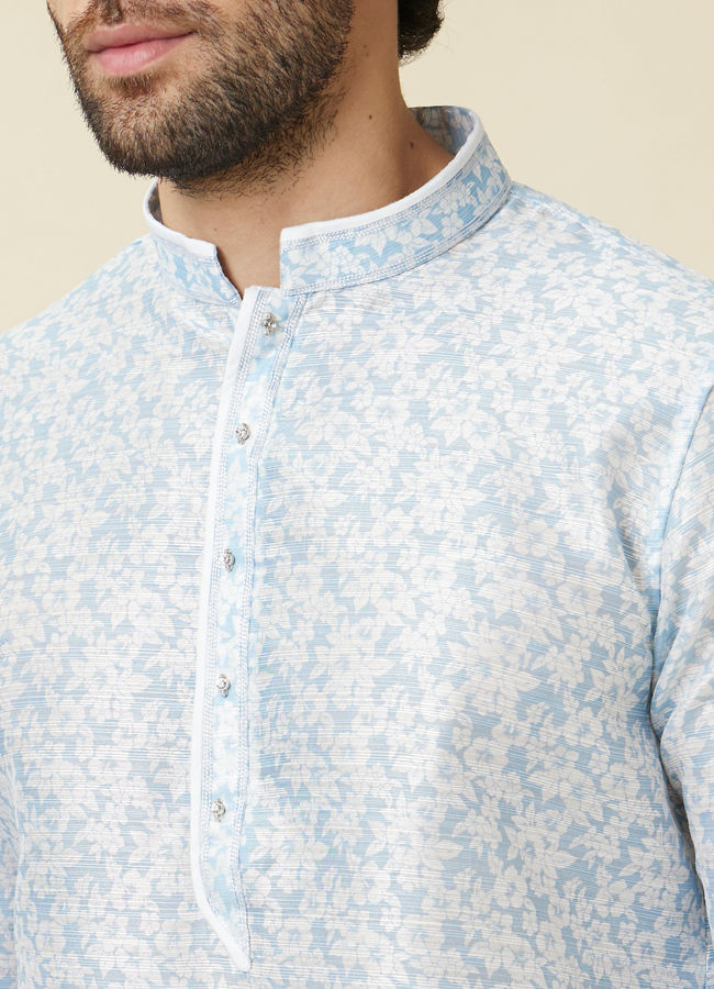 Manyavar Men Delicate Blue FLoral Printed Kurta Set