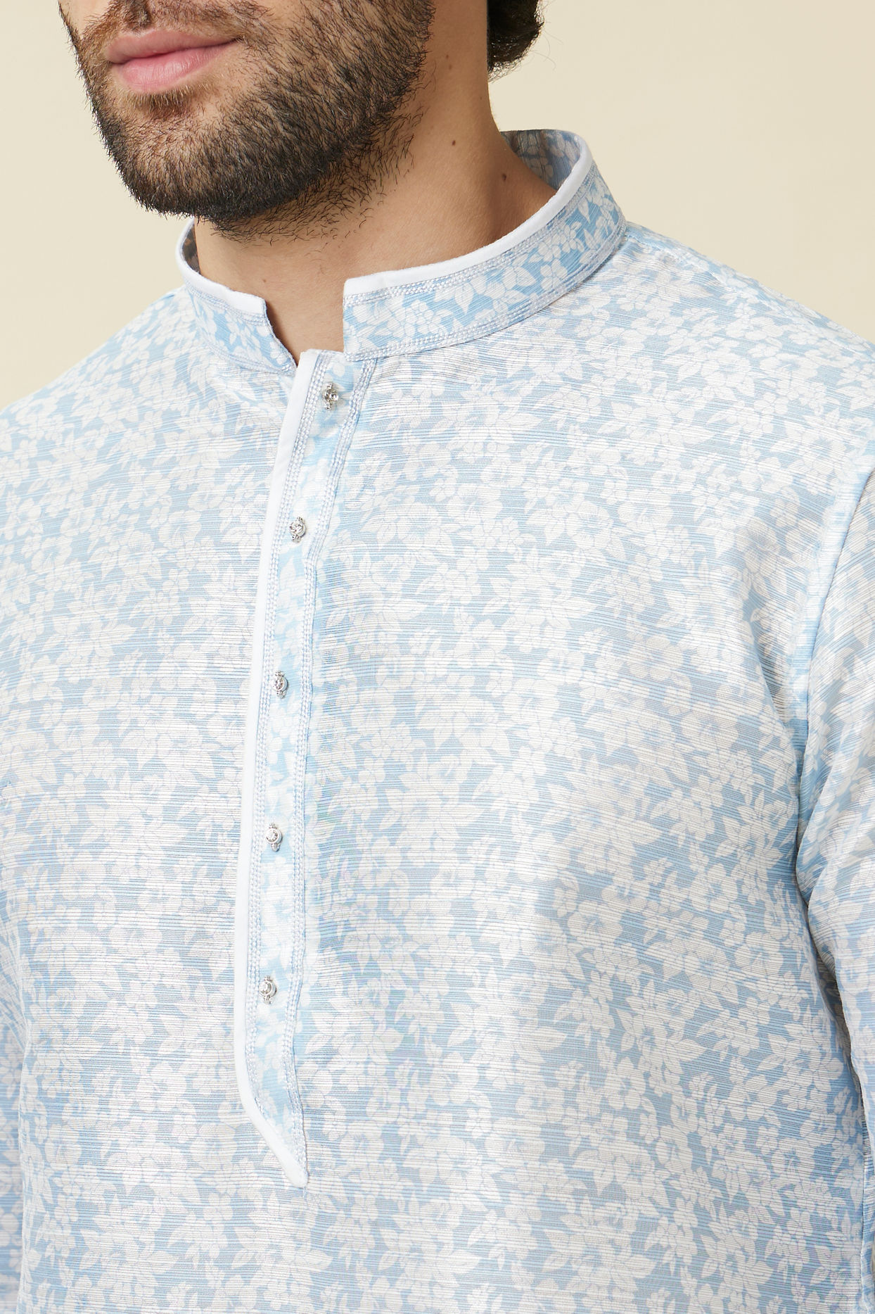 Manyavar Men Delicate Blue FLoral Printed Kurta Set