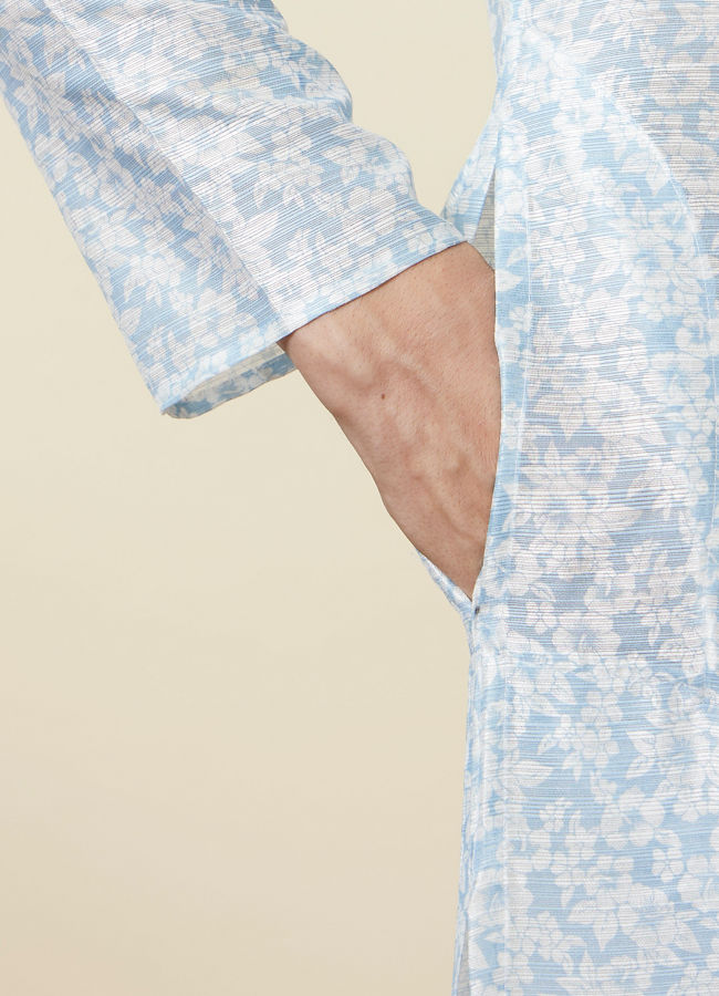 Manyavar Men Delicate Blue FLoral Printed Kurta Set