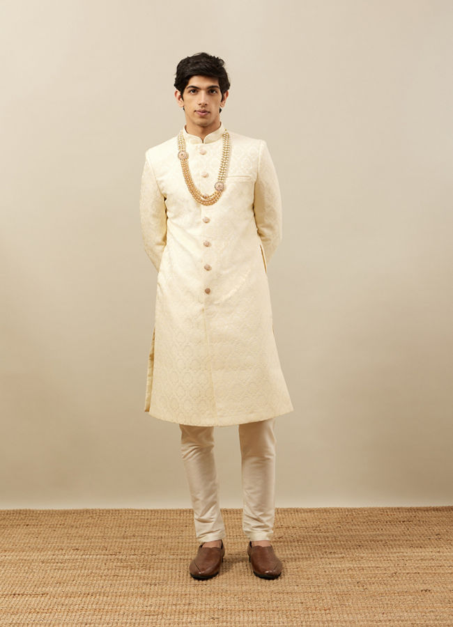 Manyavar Men Buttercream Ogee Patterned Achkan Style Sherwani