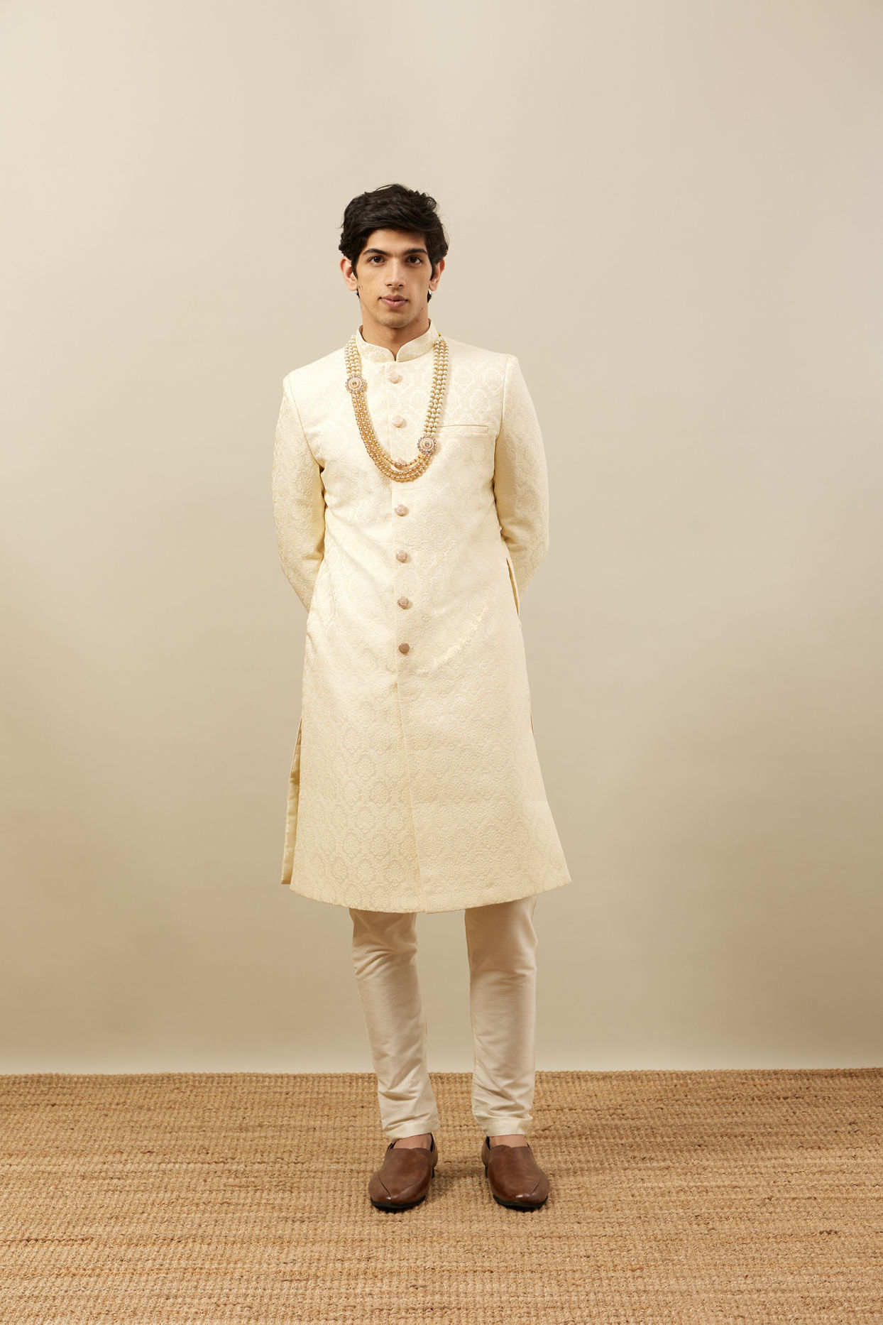 Manyavar Men Buttercream Ogee Patterned Achkan Style Sherwani