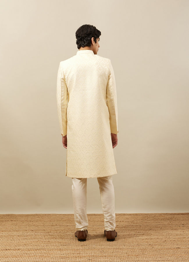 Manyavar Men Buttercream Ogee Patterned Achkan Style Sherwani