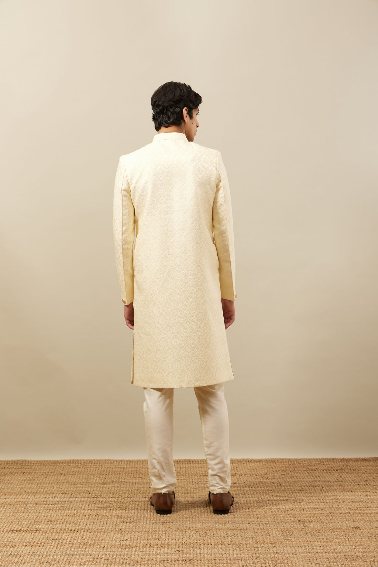 Manyavar Men Buttercream Ogee Patterned Achkan Style Sherwani