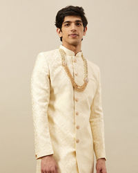 Manyavar Men Buttercream Ogee Patterned Achkan Style Sherwani