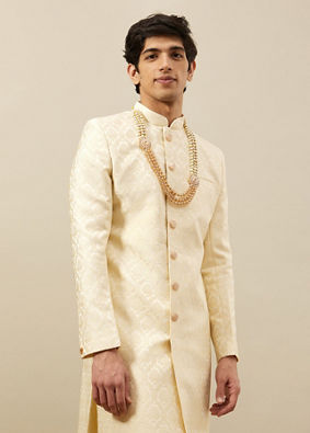 Buttercream Ogee Patterned Achkan Style Sherwani image number 0