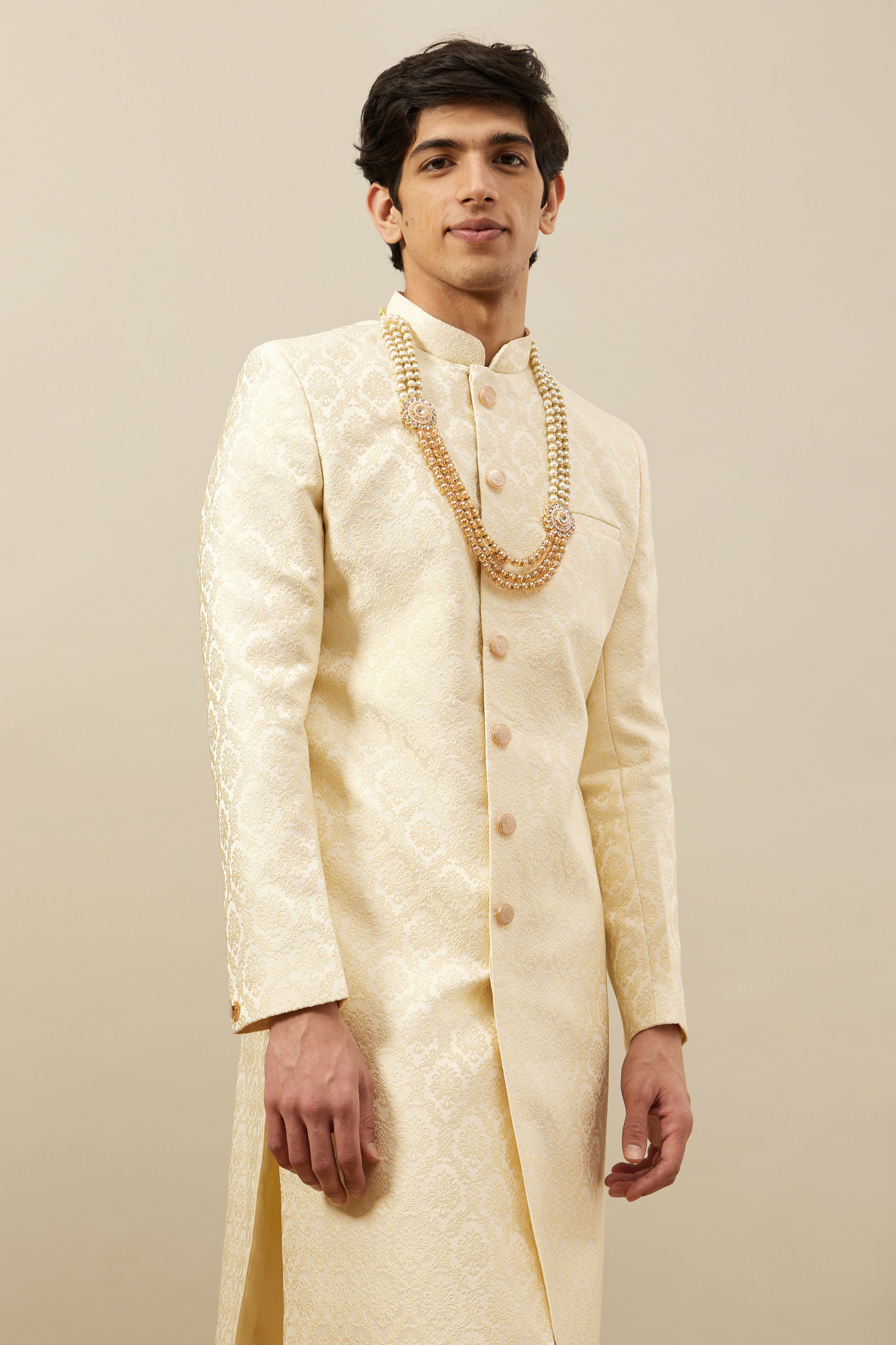 Manyavar Men Buttercream Ogee Patterned Achkan Style Sherwani