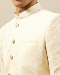 Manyavar Men Buttercream Ogee Patterned Achkan Style Sherwani