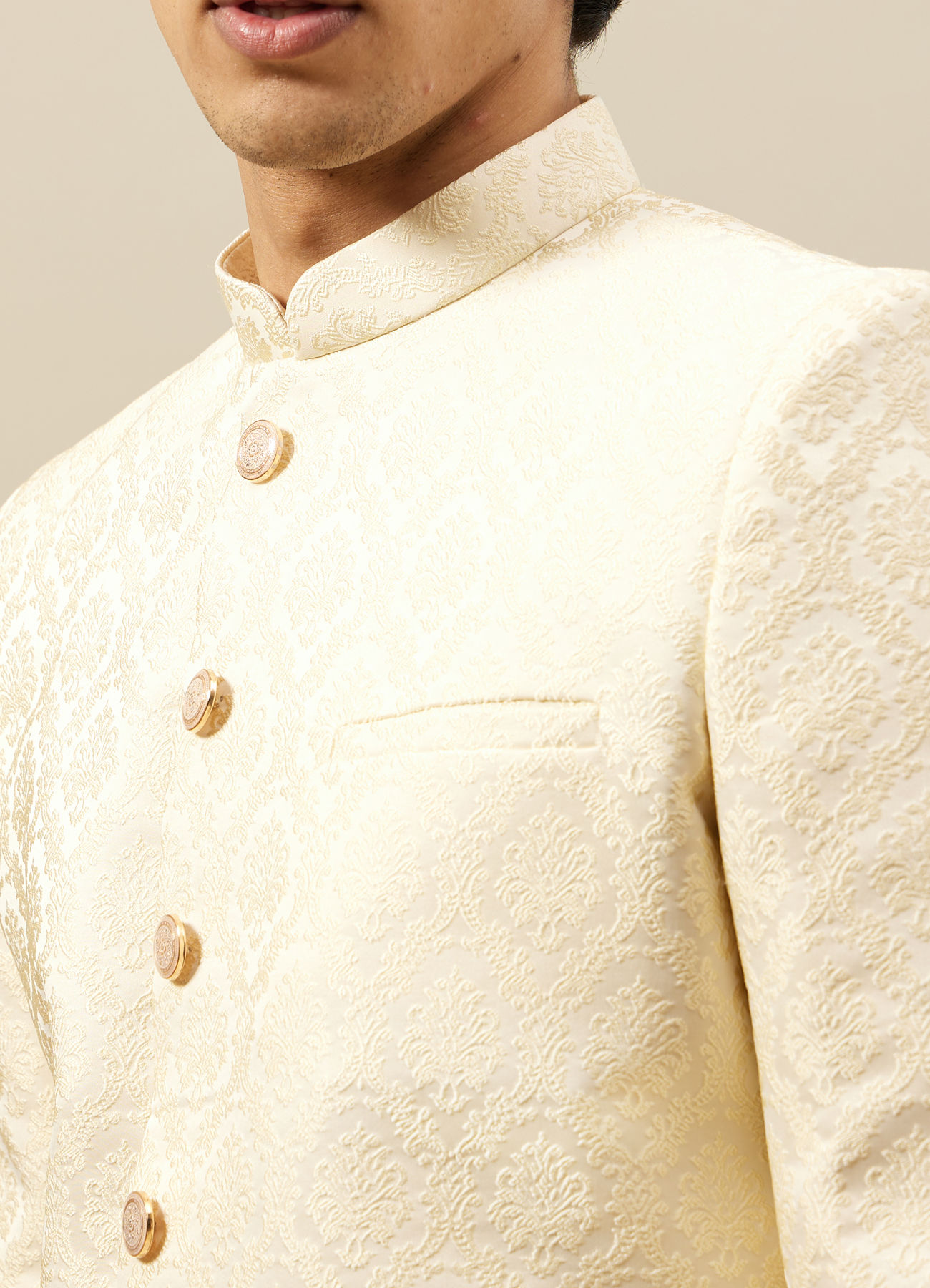 Manyavar Men Buttercream Ogee Patterned Achkan Style Sherwani