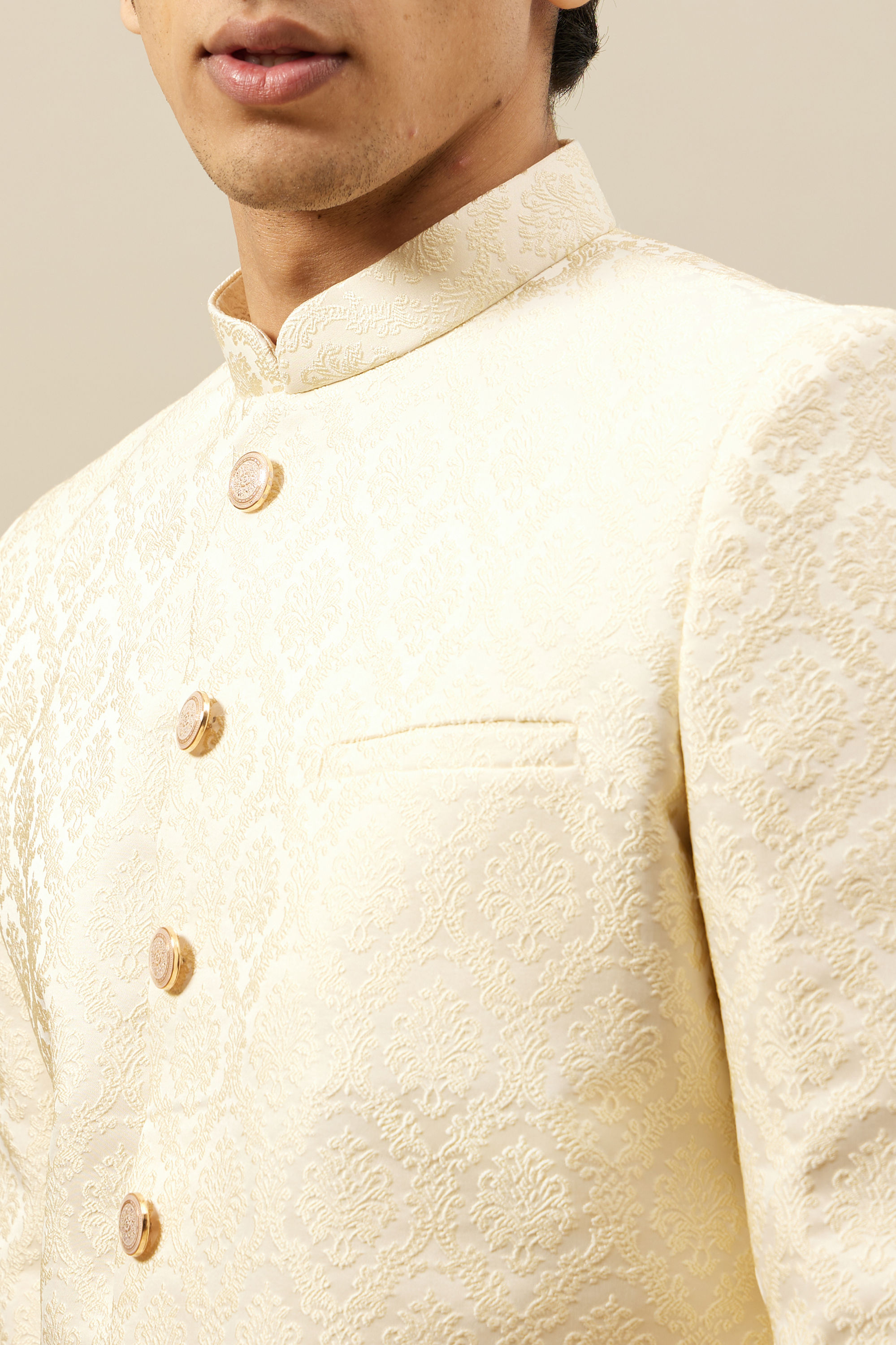 Manyavar Men Buttercream Ogee Patterned Achkan Style Sherwani