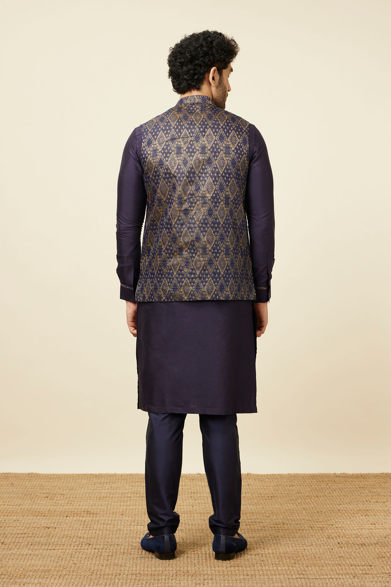Buy Navy Blue Diamond Patterned Jacket Set Online in India Manyavar Kurta Jacket Set for Men