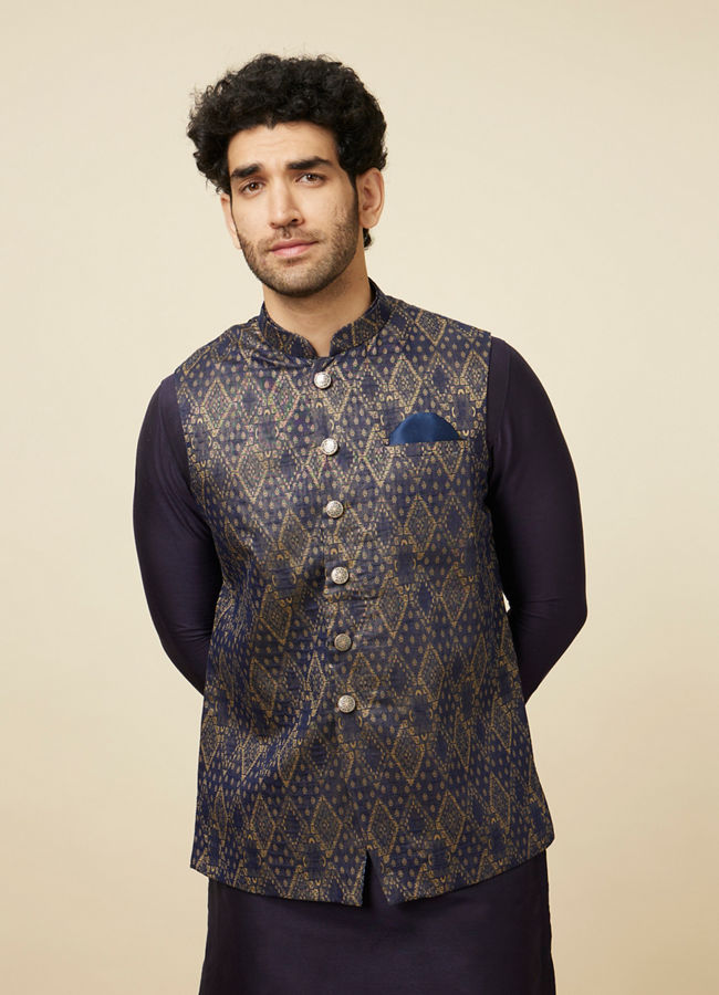 alt message - Manyavar Men Deep Blue Jacket Set with Contrasting Diamond Patterns image number 0