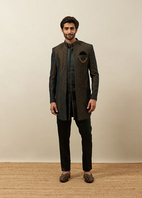 alt message - Manyavar Men Forest Green Honeycomb Patterned Indo Western Set image number 2